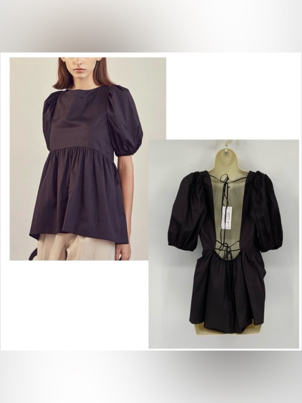 Harshman Arensberg blouse top shirt black open back puffed sleeve tie new Medium